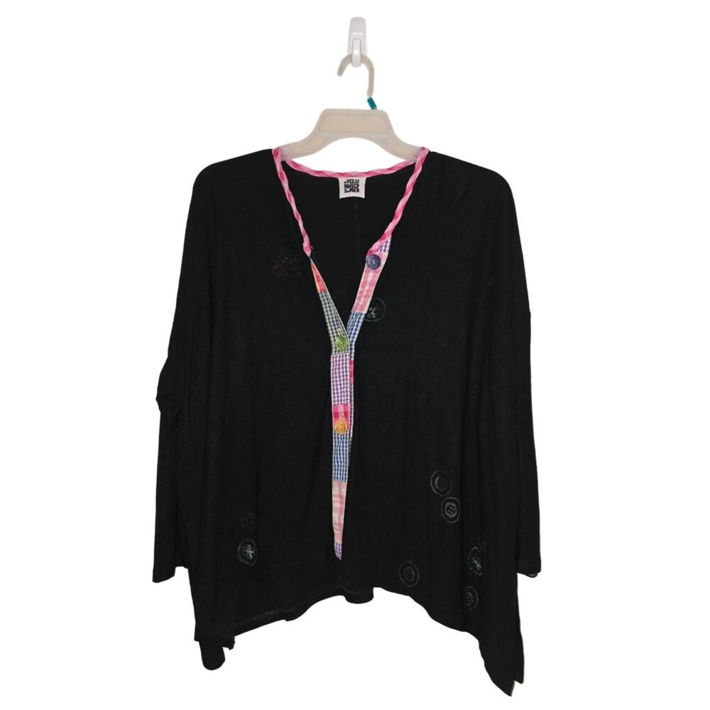 JGs Mad Lab Womens Black Wearable Art Blouse With Colorful‎ Trim/Embroidery